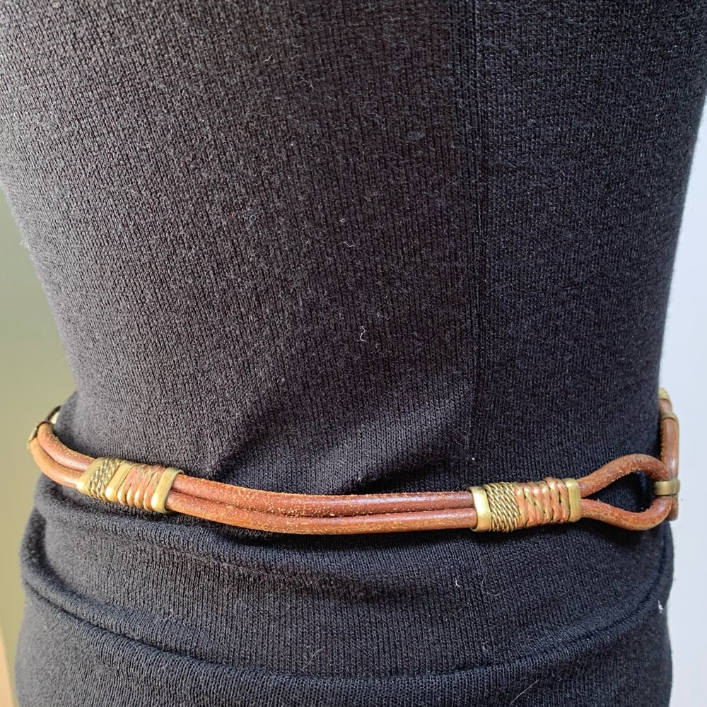 Vintage 70s Brutalist Mixed Metal Adjustable Leather and Copper Artisanal Belt - Picture 3 of 8